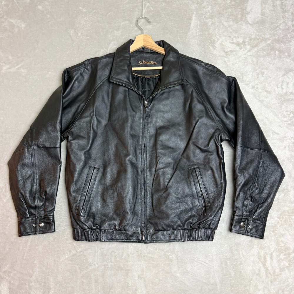 VTG St Johns Bay Genuine Leather Bomber Jacket Mens Medium Black Quilted Lined